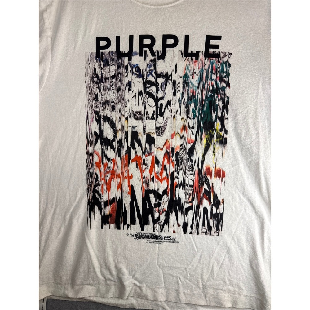 Purple Brand Mens World Tour Graphic T-Shirt White Distorted Abstract Print L